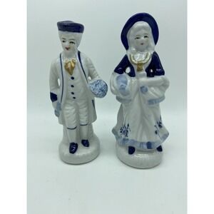 Victorian‎ Couple Porcelain Figurines Blue White Gold Trim 6.5" Vintage EUC